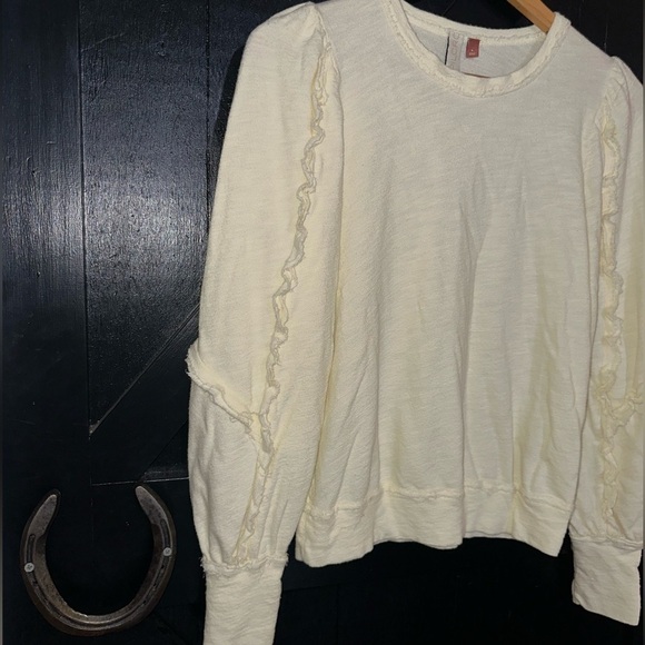 PILCRO Anthropologie Ruffle Sleeve Ivory Pullover Cotton Modal Boho Sweater Sz S - Picture 3 of 11